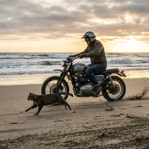 Cat Running Beside Motorcycle on the Beach
