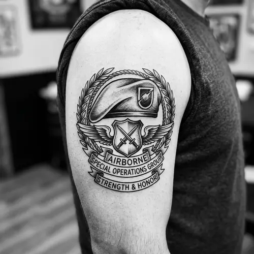 Black and White Tattoo of 3erpima Logo with Red Beret