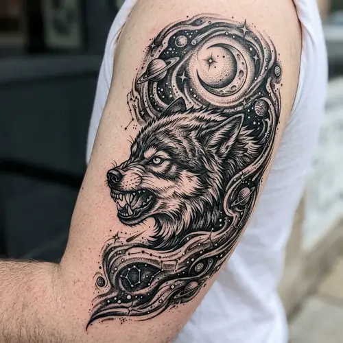 Angry Wolf Tattoo Surrounded by Astronomical Elements