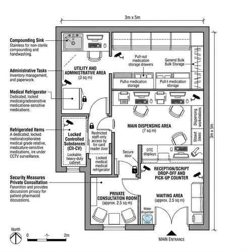 Efficient Hospital Pharmacy Design | Floor Plan in 15 sqm