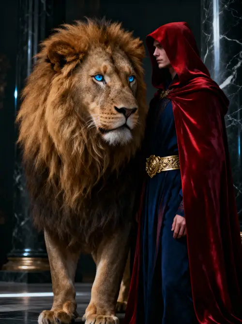 Majestic Lion and Cloaked Figure: A Cinematic Portrait