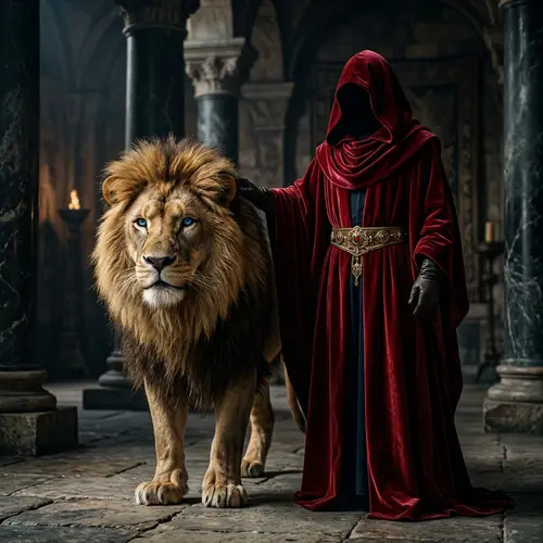 Majestic Lion and Cloaked Figure: A Cinematic Portrait