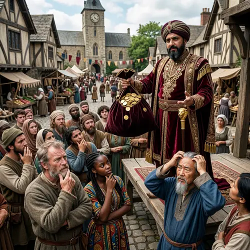 Intriguing Village Scene with Rich Man and Diverse Villagers