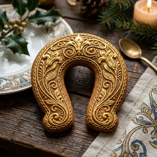 Golden Horseshoe Gingerbread Cookie | Art Nouveau Style