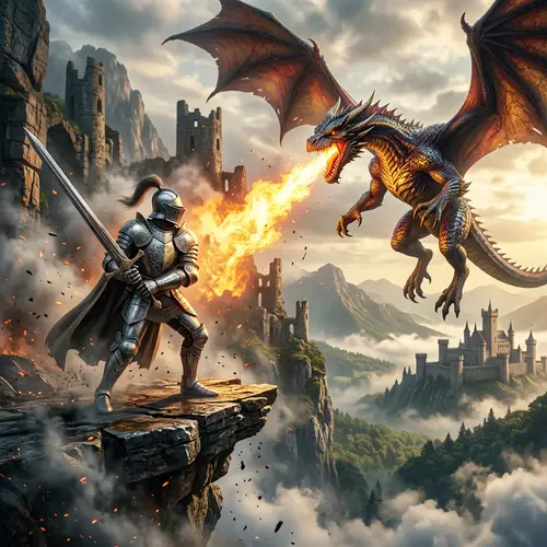 Epic Knight vs Dragon Battle - Mystical Castle Scene