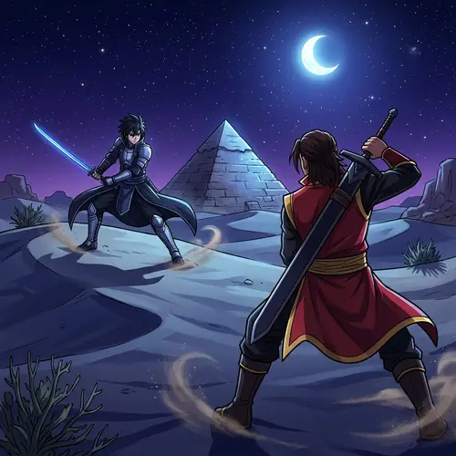 Anime-Style Duel Art in Night Desert - 1280x720, PNG Format