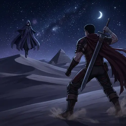 Elaborate Anime-Style Art: Duel in Desert Night - 1280x720 PNG