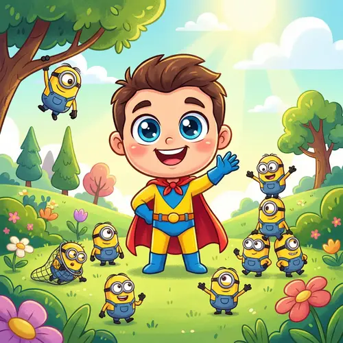 Whimsical Cartoon Scene with Lovable Hero & Minions