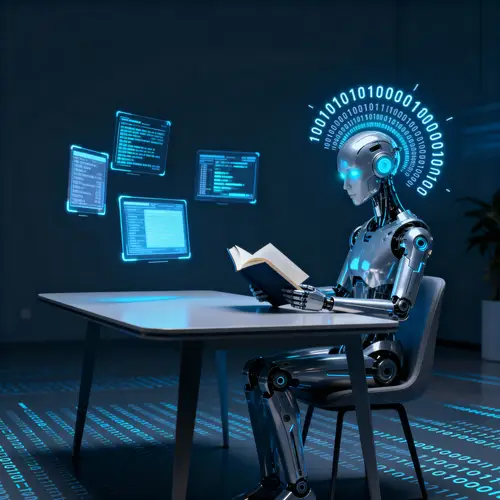 Futuristic AI Sitting at Desk with Book