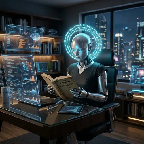 Futuristic AI Sitting at Desk with Book