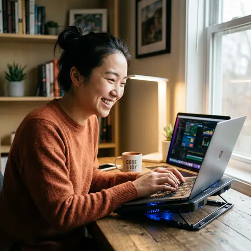 Joyful Computer User with Cooling Pad on Table