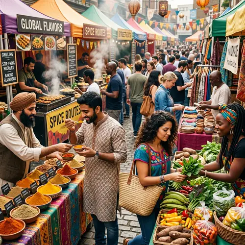 Cultural Marketplace Exploration with South Asian Man and Hispanic Woman