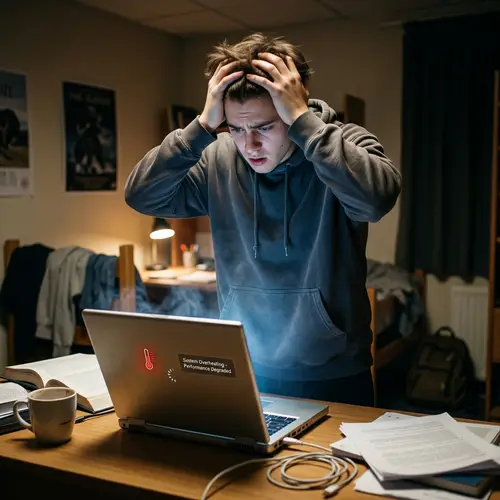 Frustrated Individual Reacting to Overheating Laptop