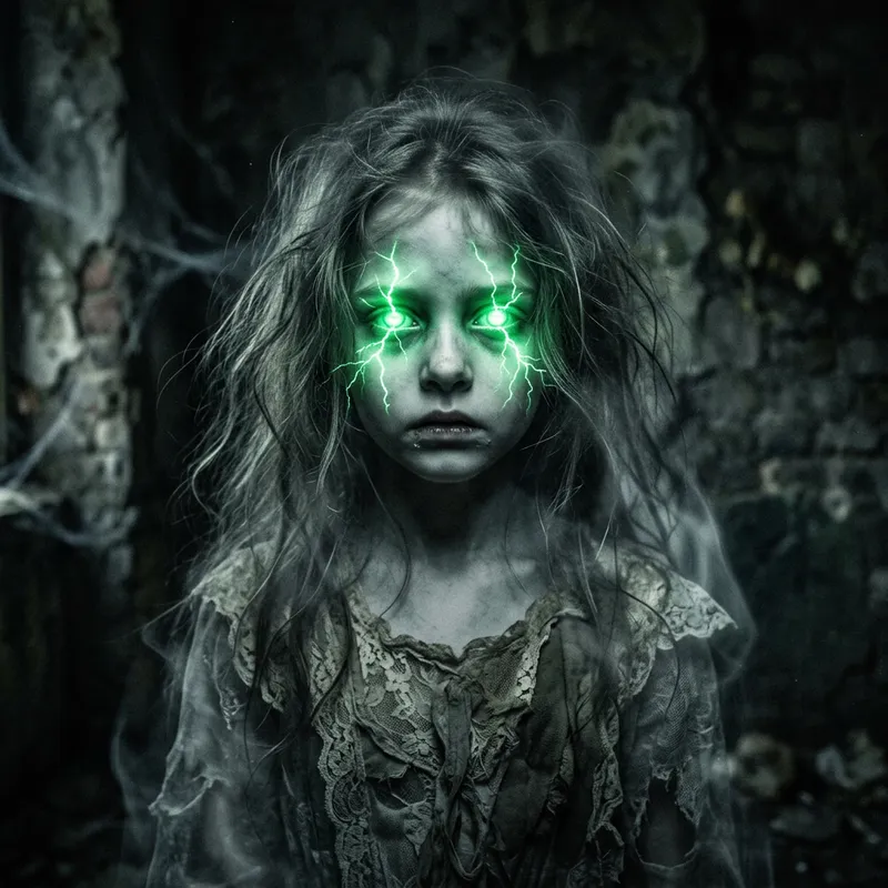 Spooky Ghost Girl with Green Eyes and Lightning Spooky Ghost Girl with Green Eyes and Lightning