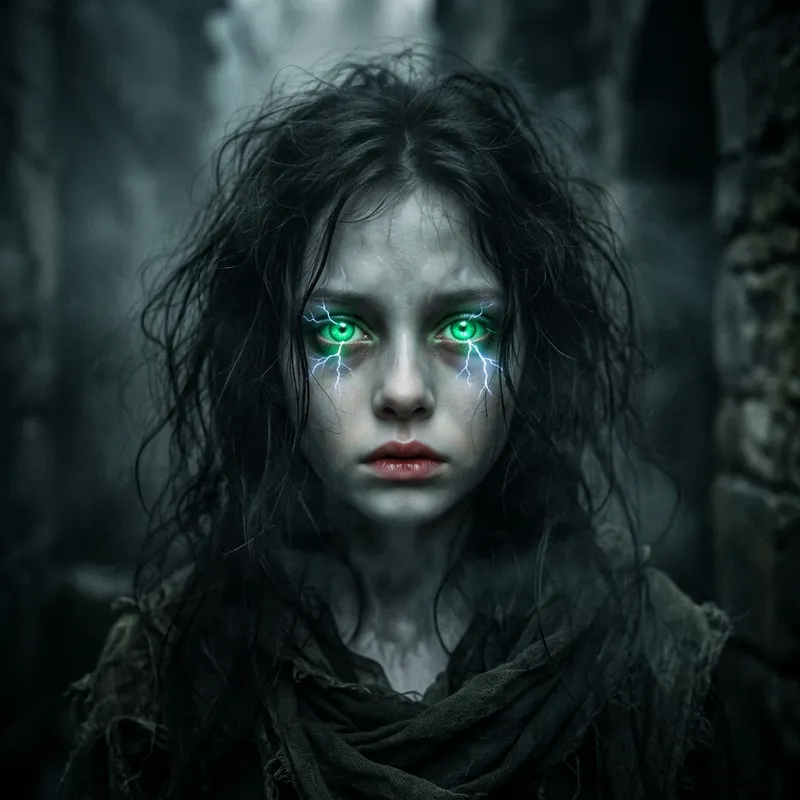 Eerie Ghost Girl with Green Eyes and Lightning-filled Gaze