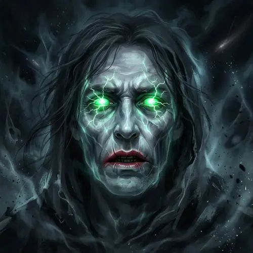 Male Ghost with Striking Green Eyes and Lightning Gaze