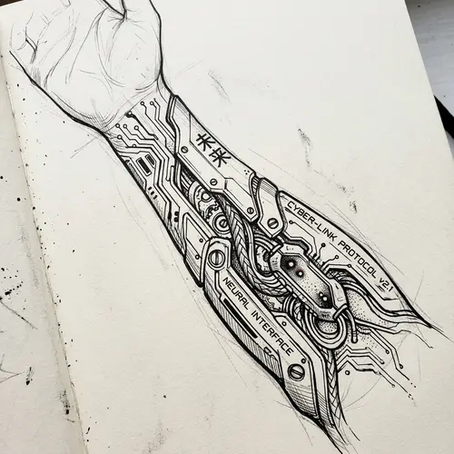 Cyberpunk-Style Tattoo Design: Futuristic Cybernetic Implant Sketch