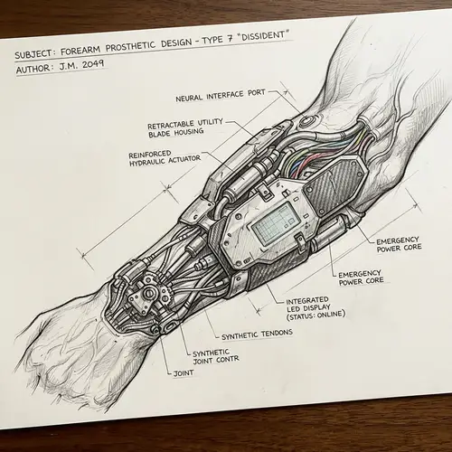 Cyberpunk Forearm Implant Sketch: Futuristic Dystopian Design