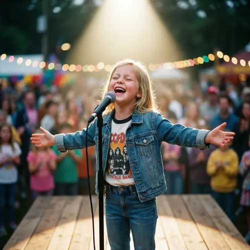 Joyful Singing: A Caucasian Girl with Blonde Hair