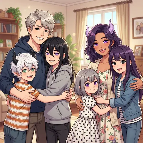 Delightful Family Portrait in Anime Style | Ashen Hair Man, Colorful Family Members
