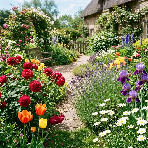 Vibrant Array of Flowers in a Tranquil Garden Scene
