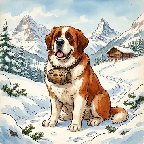 Saint Bernard Dog with Barrel - Old Animated Film Style