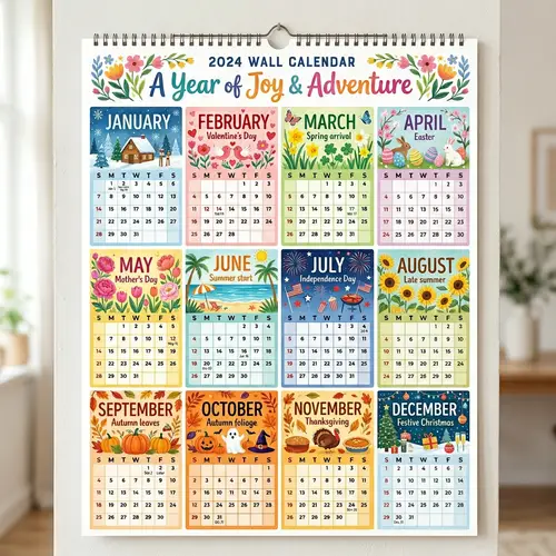 2024 Wall Calendar with Unique Graphics | Monthly Events & Holidays