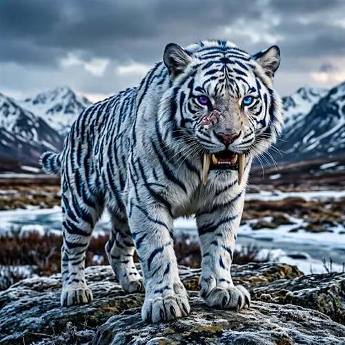 Majestic Smilodon: White Fur with Dark Blue Highlights