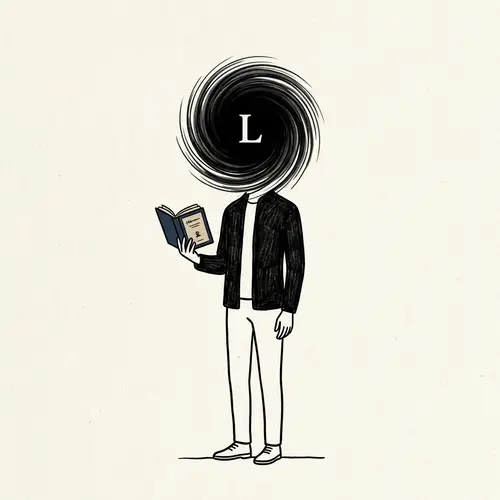Minimalist Figure with Swirling Black Hole Head Holding Book