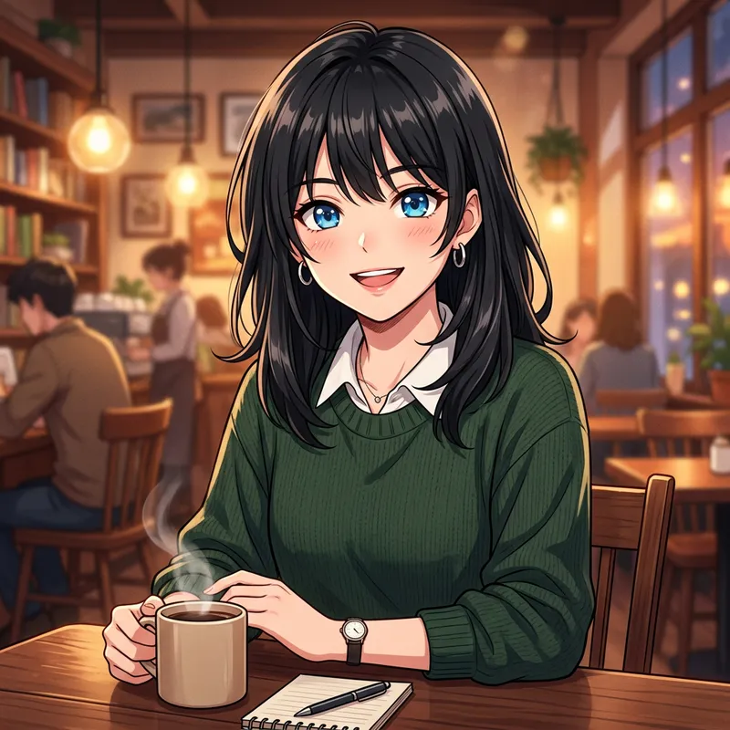 Anime Girl in Her Twenties with Blue Eyes and Black Hair Anime Girl in Her Twenties with Blue Eyes and Black Hair