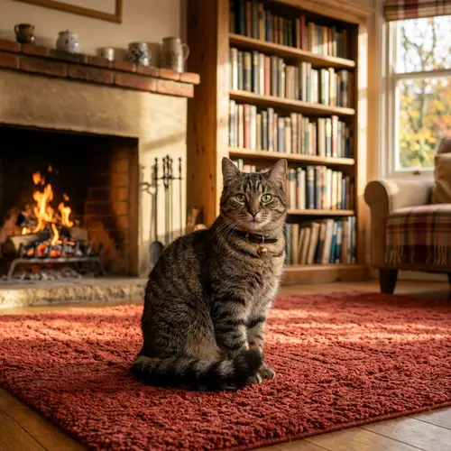 Tabby Cat Sitting on Plush Red Carpet | Cozy Home Interior