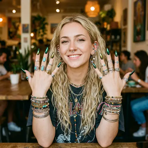 Stylish Young Woman with Extreme Long Nails and Jewelry