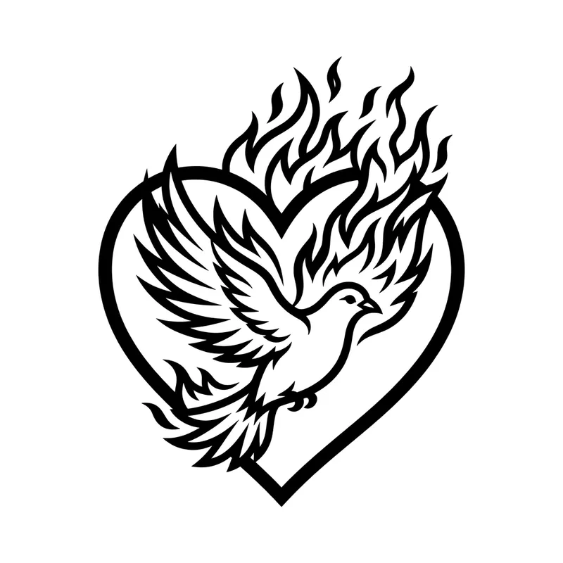 Heart & Dove On Fire Logo Design | Black & Outlined Heart & Dove On Fire Logo Design | Black & Outlined