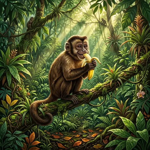 Detailed Digital Illustration of a Joyful Monkey in Natural Rainforest Habitat