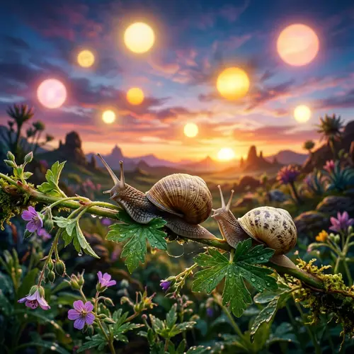 Snail Couple: Male and Female Against Multiple Suns Background
