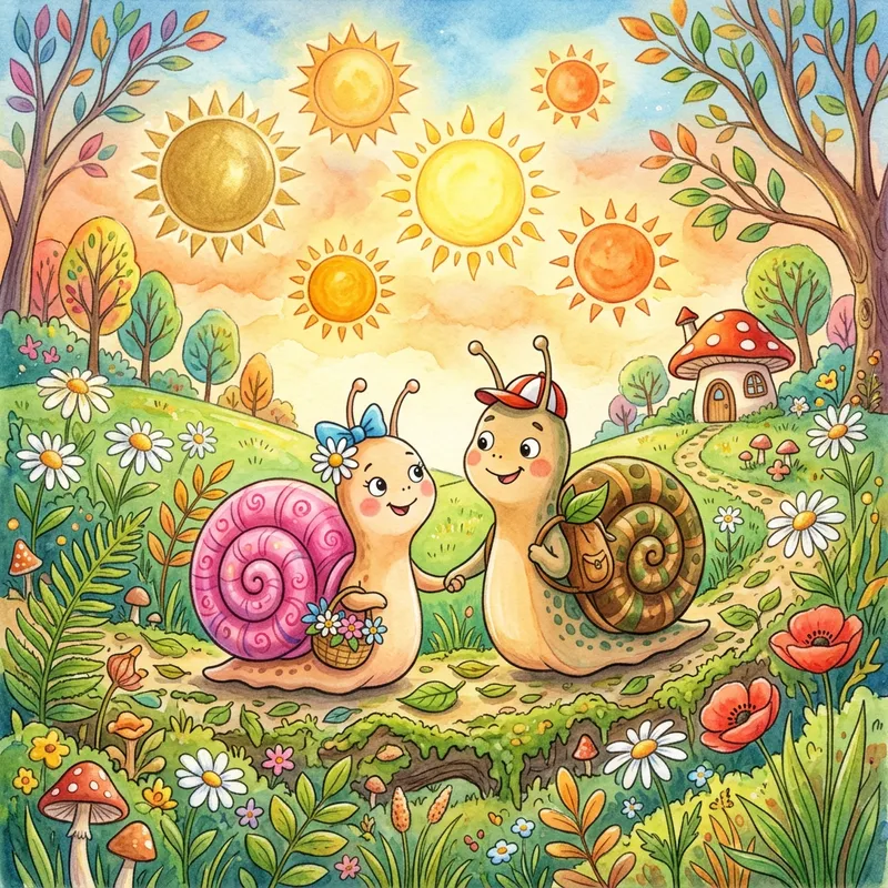 Adorable Boy and Girl Snail Cartoon Characters
