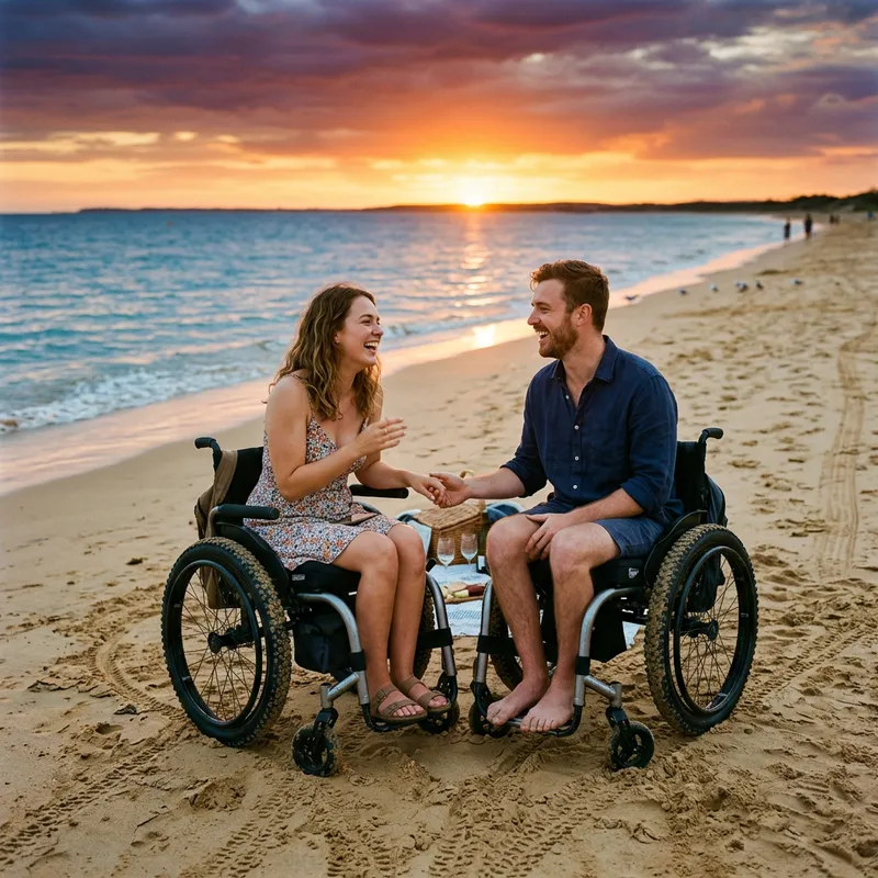 Wheelchair Couple's Romantic Beach Date at Sunset