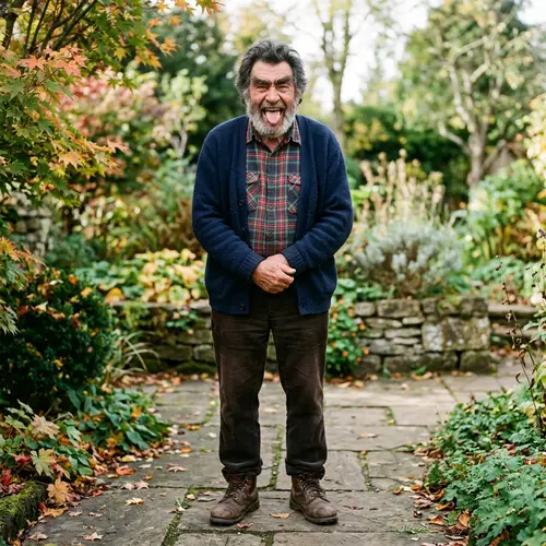 Joyful Elder with Black Hair and Scruffy Eyebrows