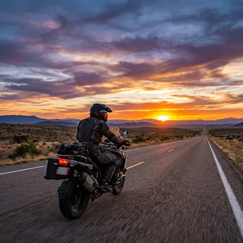 Adventure Motorcycle Riding into the Sunset Horizon