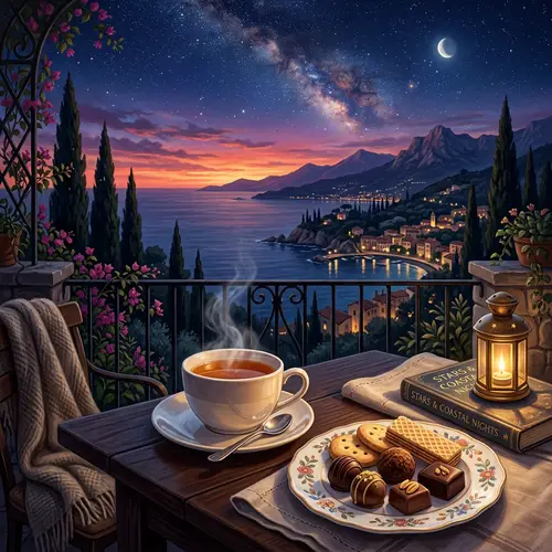 Cozy Tea-Drinking Scene Illustration | Chocolates & Biscuits