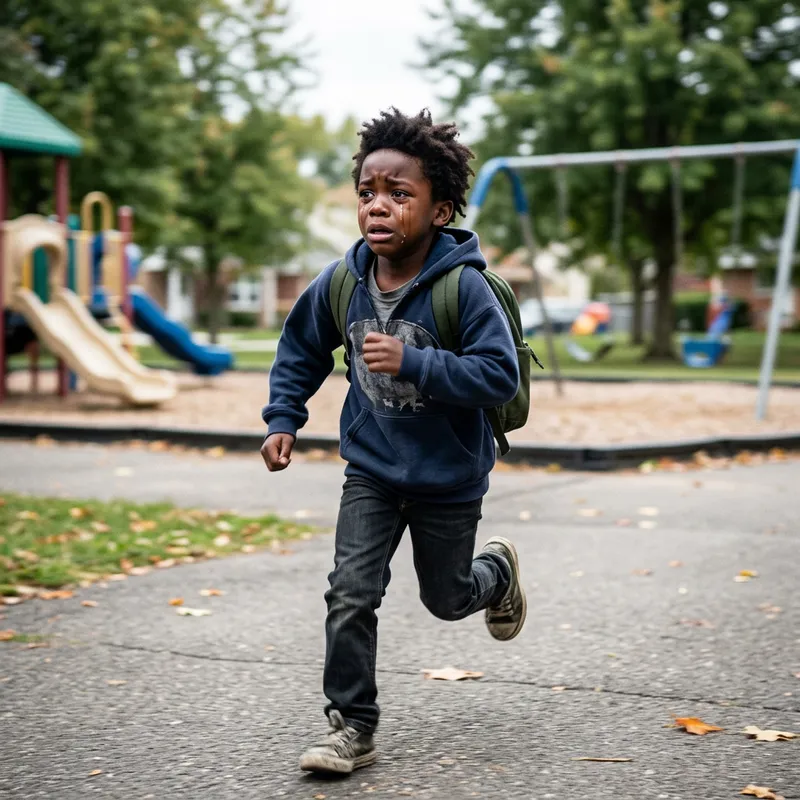 Distressed Young Boy Fleeing from Danger