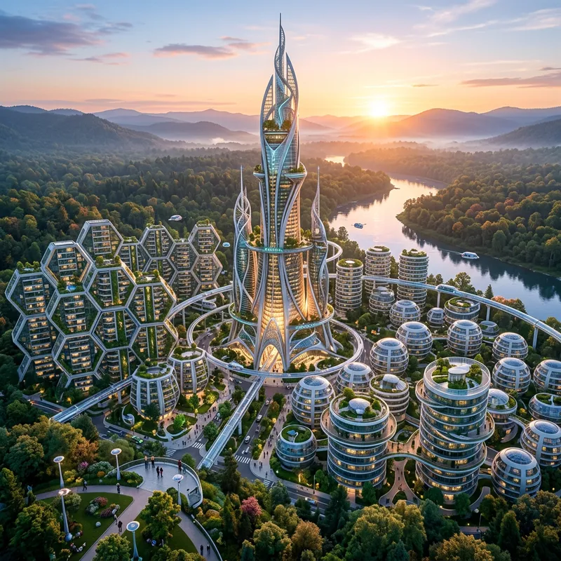 Futuristic Utopian City at Dawn
