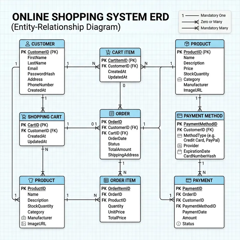 Online Shopping System ERD: Customer, Product, Order, Shopping Cart, Payment Method