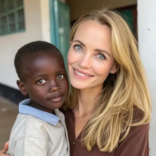 Blonde Mother with Brown Eyes and Dark-Haired Child