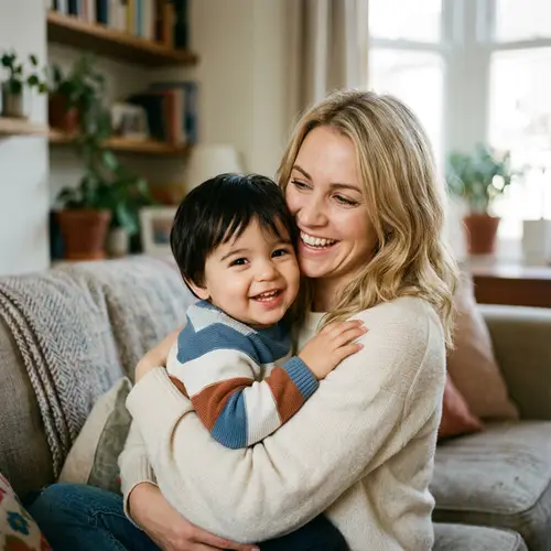 Blonde Mother with Brown Eyes and Dark-Haired Child