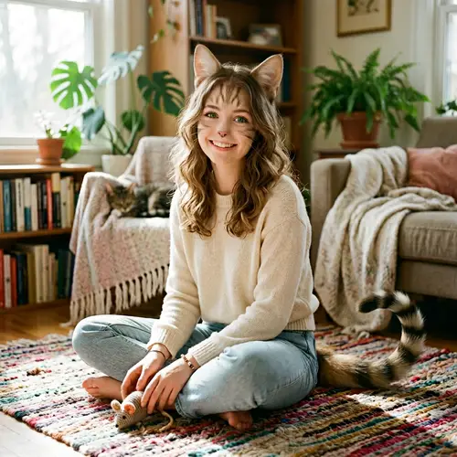Fuzzy Feline Features: Girl with Cat-Like Ears and Tail