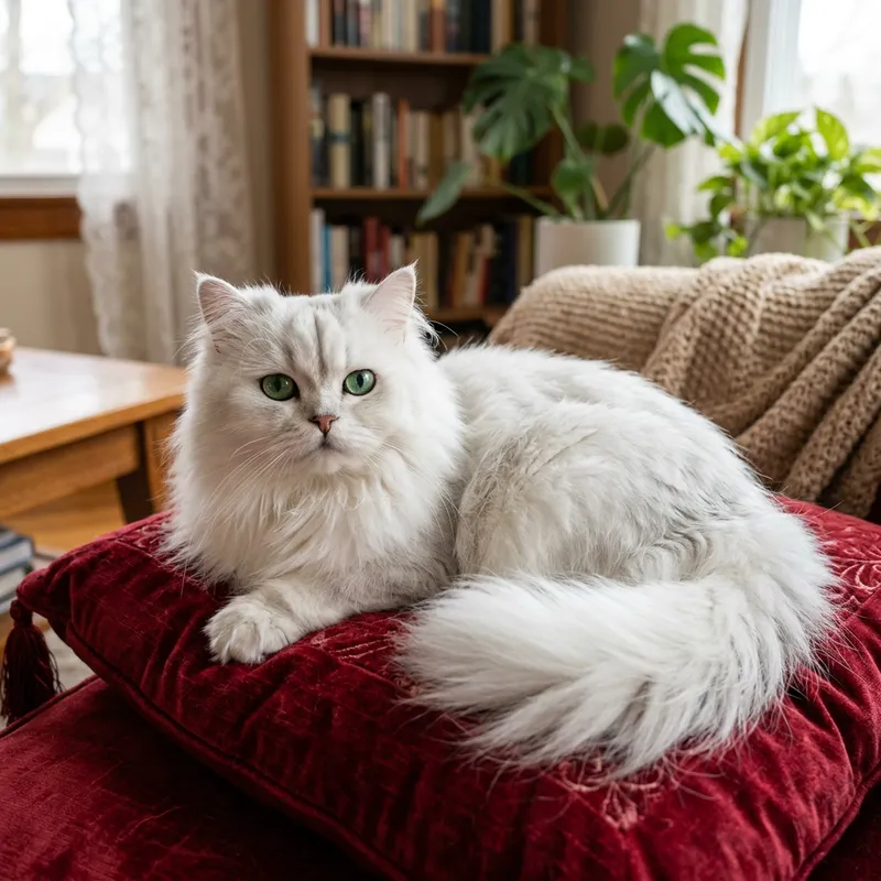 White Persian Cat on Plush Red Pillow