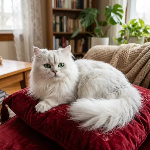 Beautifully Groomed White Persian Cat on Plush Red Pillow