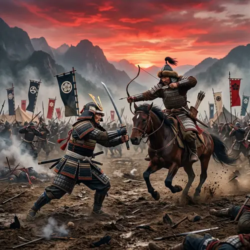 Japanese Samurai vs Mongol Warrior Battle - Historical Scene