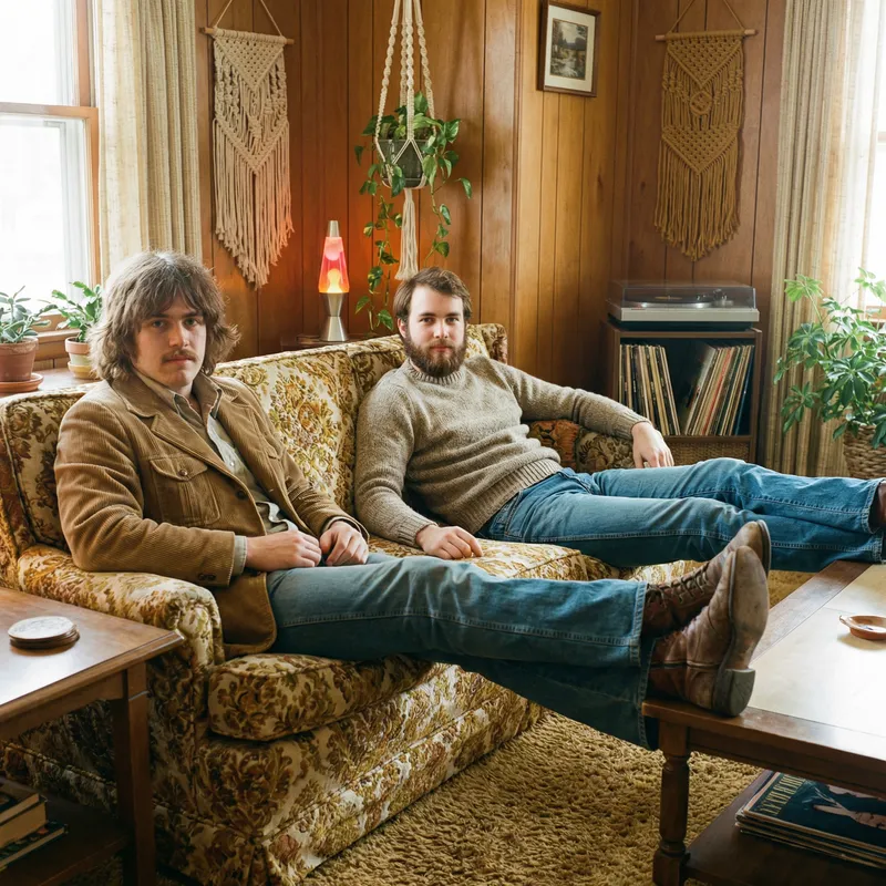 Retro 1970s Scene with Young Men on Vintage Couch